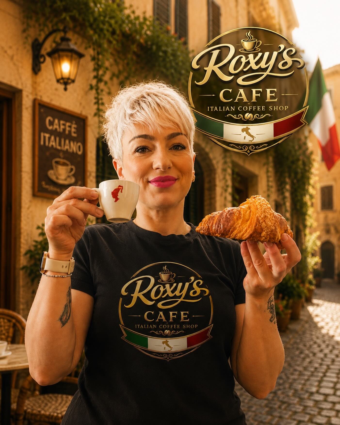 Roxy Budoi, owner of Roxy's Cafe Southport, holding a Julius Meinl espresso and freshly baked croissant